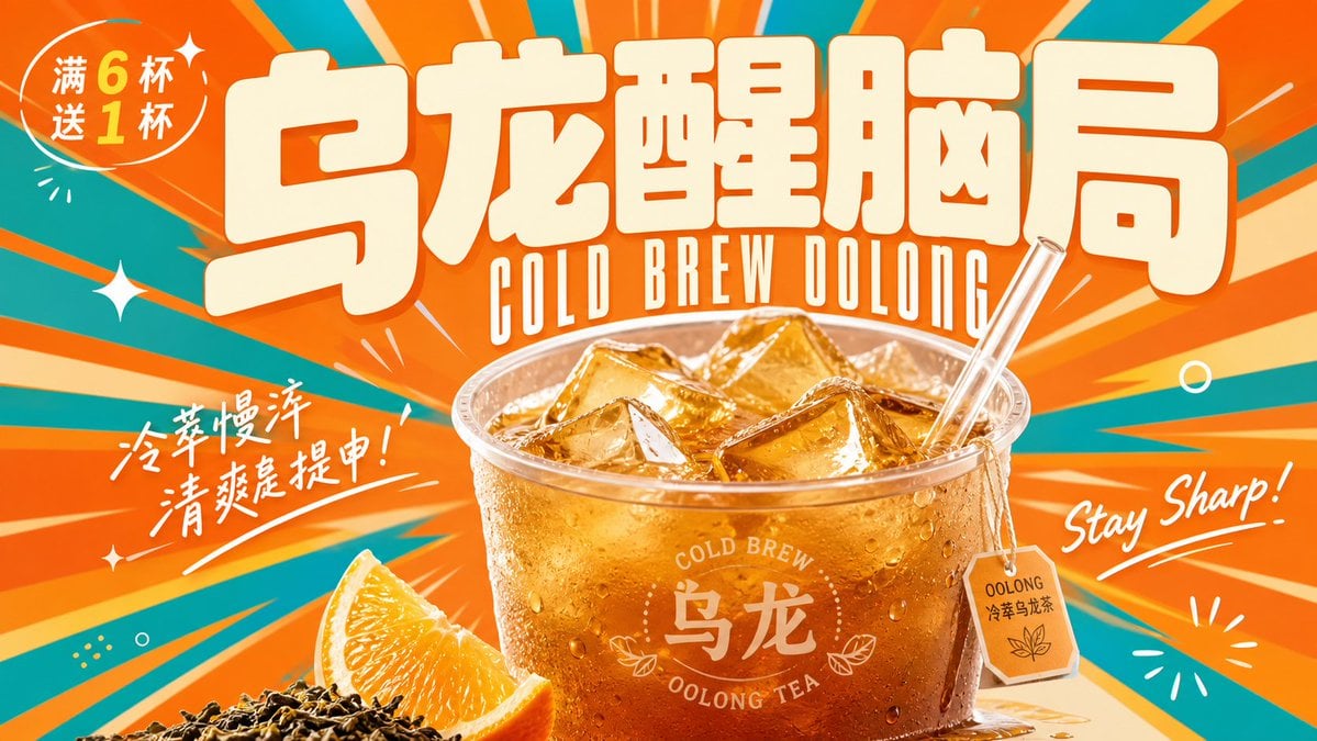 围绕具体饮料主题生成一张明亮轻快的复古商业广告视觉：画面第一眼由超大、厚实、圆角饱满的主题字标建立记忆点，字形像柔软膨胀的招牌块面，浅色填充、边缘干净，压住上方