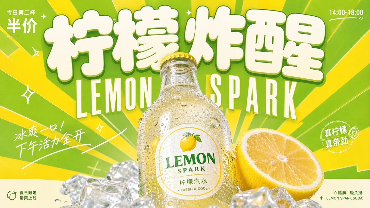 围绕具体饮料主题生成一张明亮轻快的复古商业广告视觉：画面第一眼由超大、厚实、圆角饱满的主题字标建立记忆点，字形像柔软膨胀的招牌块面，浅色填充、边缘干净，压住上方