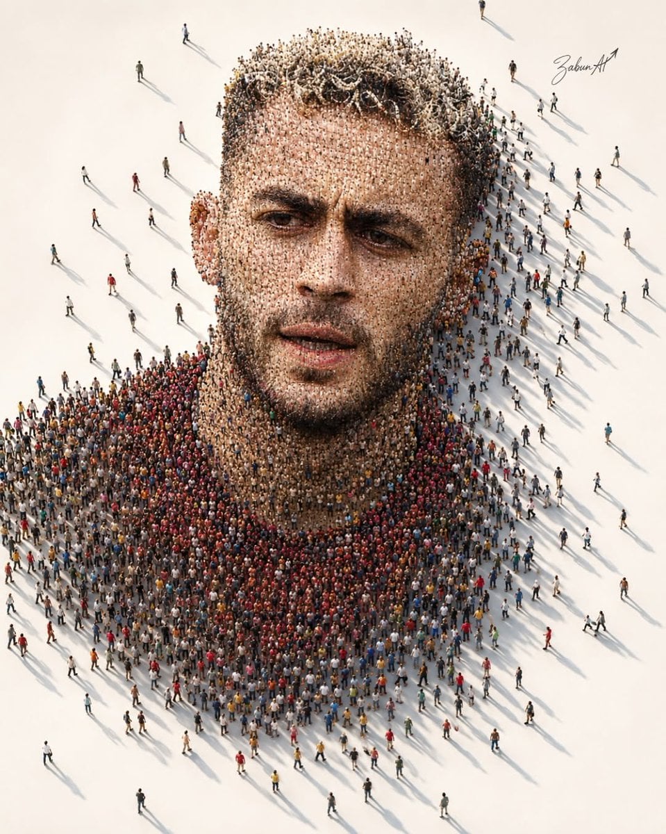 Ultra-detailed crowd mosaic portrait of a legendary football player, created ent