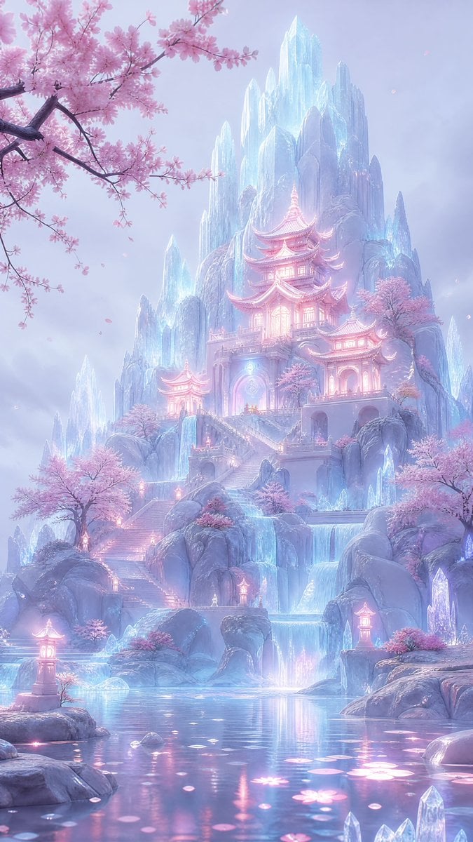 A dreamy pastel fantasy landscape in a vertical composition, showing a glowing E