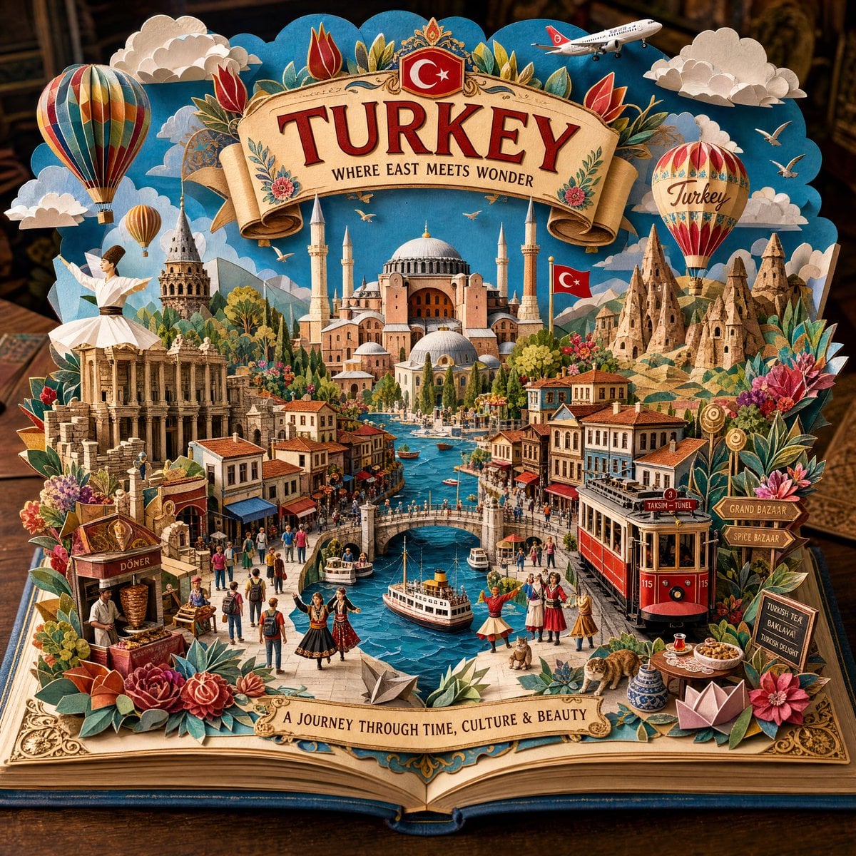 Create an ultra-detailed handcrafted 3D pop-up storybook travel illustration of 
