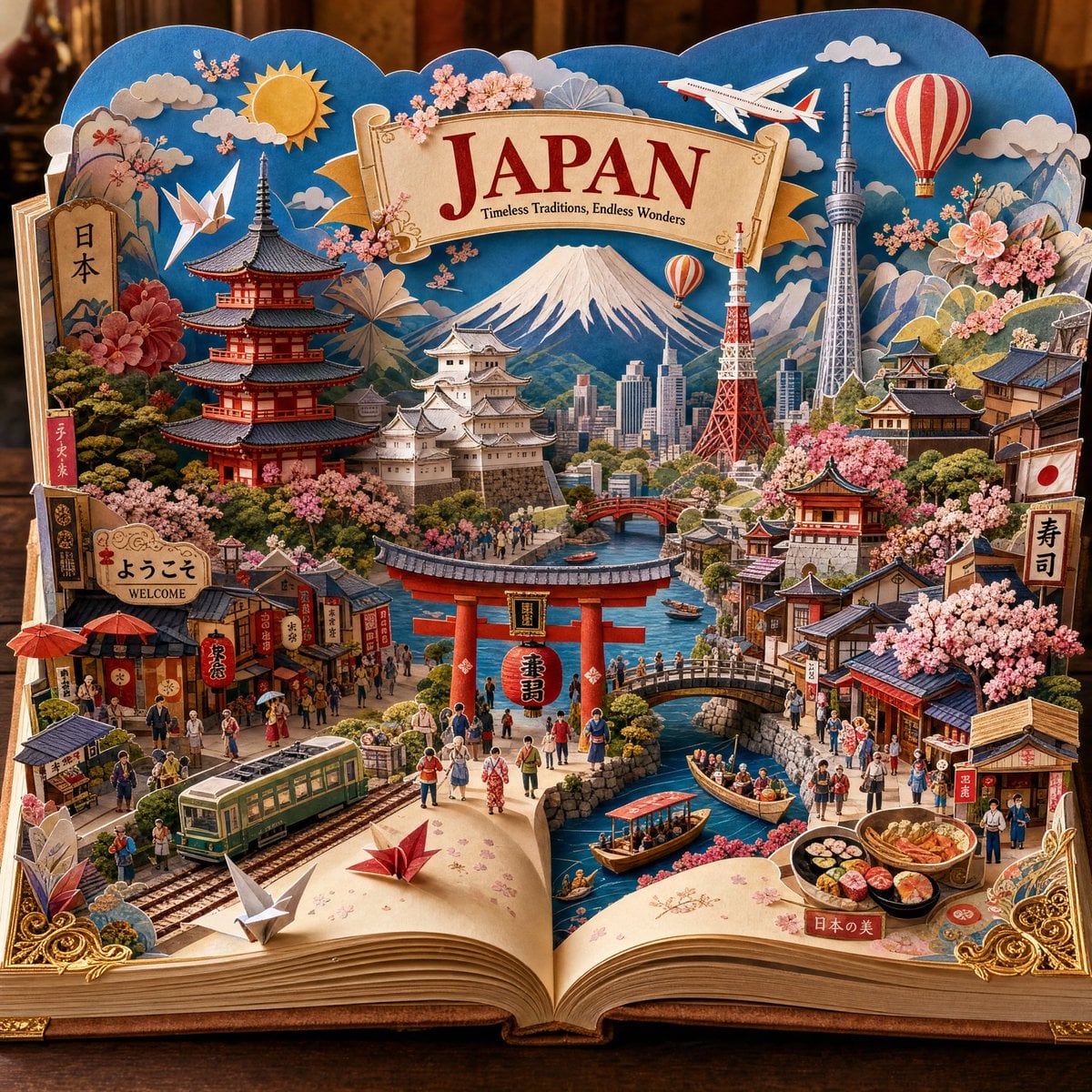 Create an ultra-detailed handcrafted 3D pop-up storybook travel illustration of 