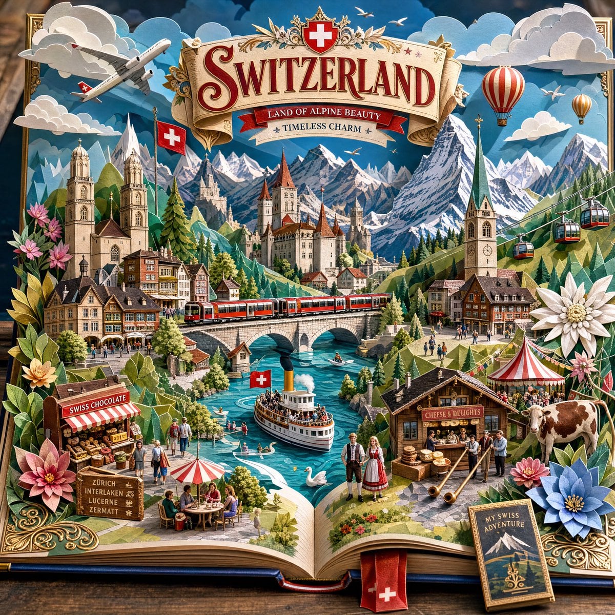 Create an ultra-detailed handcrafted 3D pop-up storybook travel illustration of 