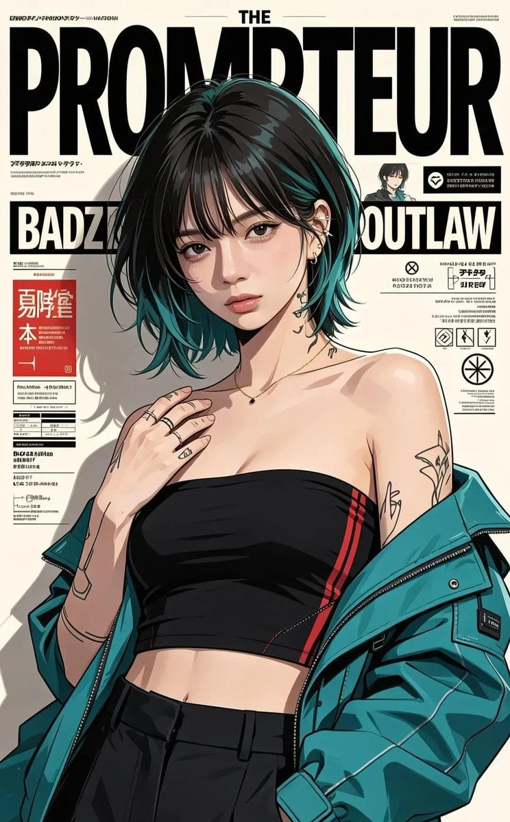 Ultra-detailed anime/editorial magazine cover illustration of a stylish cyberpun