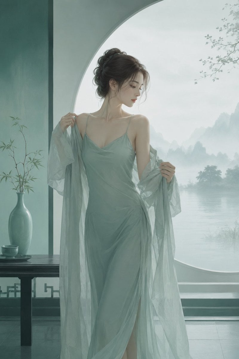 极简东方禅意半写实插画，主体为[主体]，青绿颜色体系，较强饱和对比，画面空灵静谧，大面积留白，带轻雾感、静止空气感和朦胧远景层次，可结合极简空间、湖面、远山、器