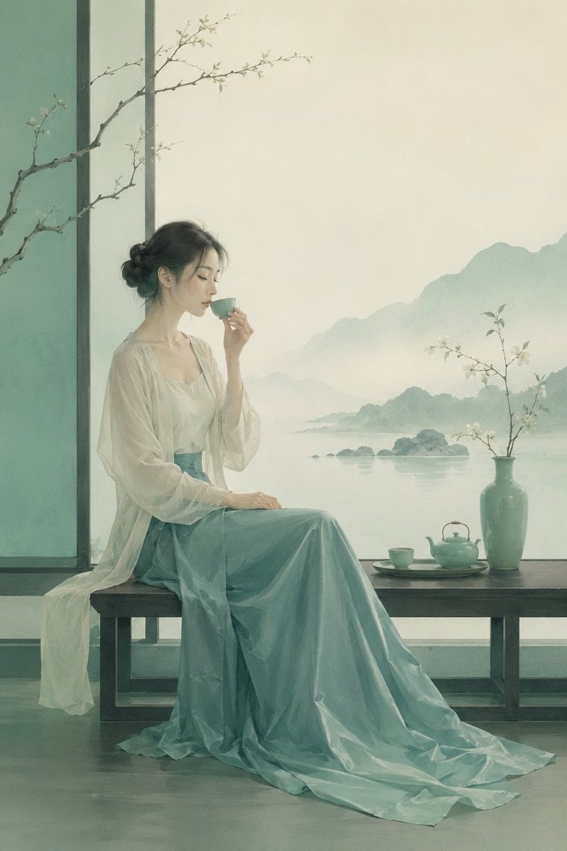 极简东方禅意半写实插画，主体为[主体]，青绿颜色体系，较强饱和对比，画面空灵静谧，大面积留白，带轻雾感、静止空气感和朦胧远景层次，可结合极简空间、湖面、远山、器