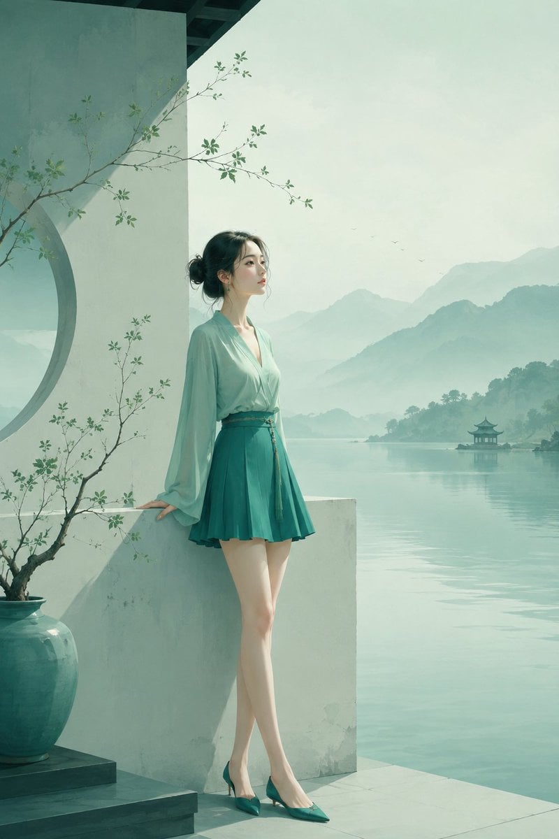 极简东方禅意半写实插画，主体为[主体]，青绿颜色体系，较强饱和对比，画面空灵静谧，大面积留白，带轻雾感、静止空气感和朦胧远景层次，可结合极简空间、湖面、远山、器