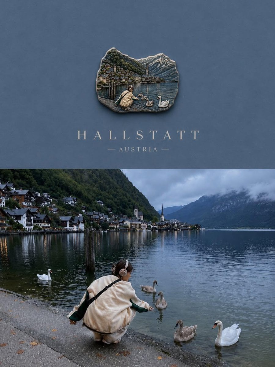 Create a premium travel poster featuring a miniature 3D souvenir badge floating 