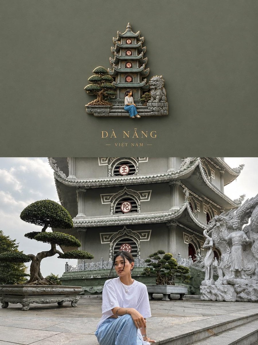 Create a premium travel poster featuring a miniature 3D souvenir badge floating 