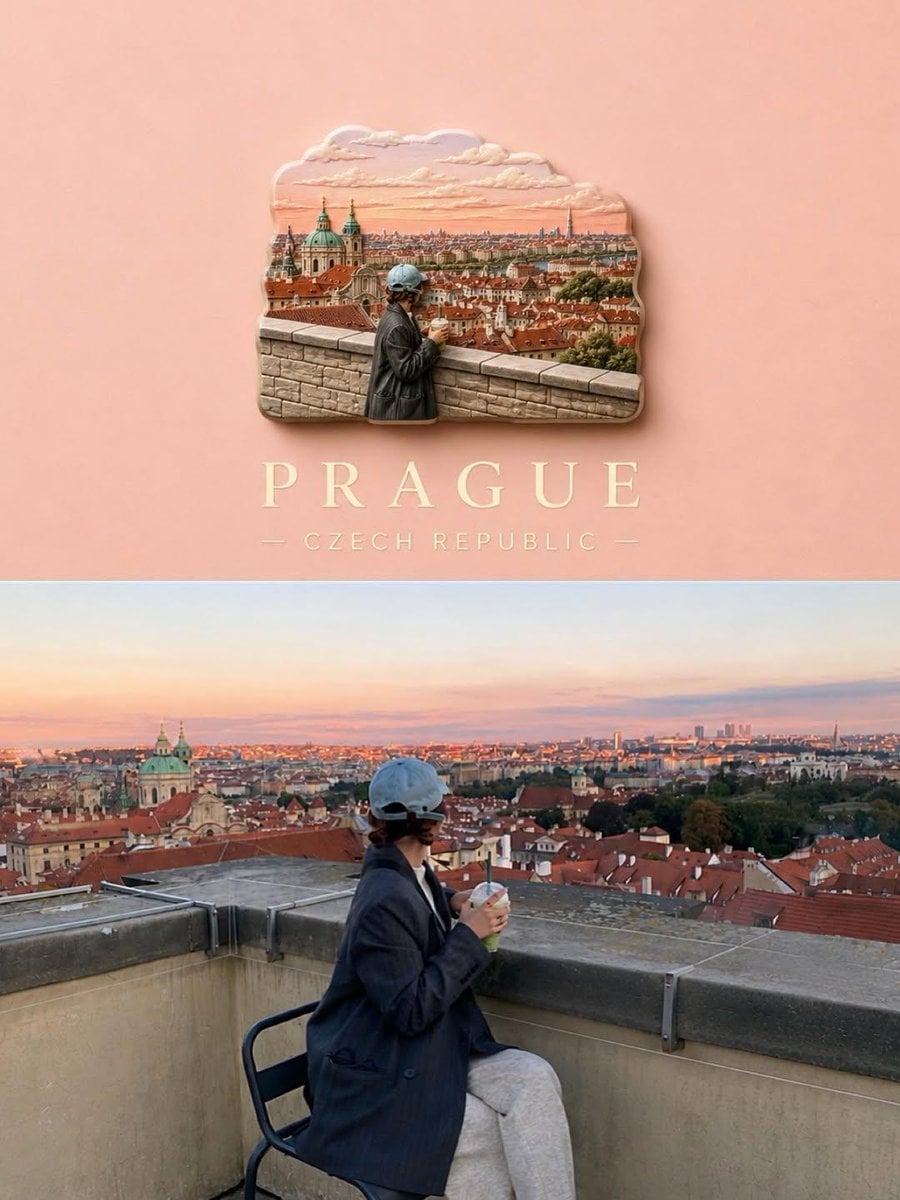 Create a premium travel poster featuring a miniature 3D souvenir badge floating 