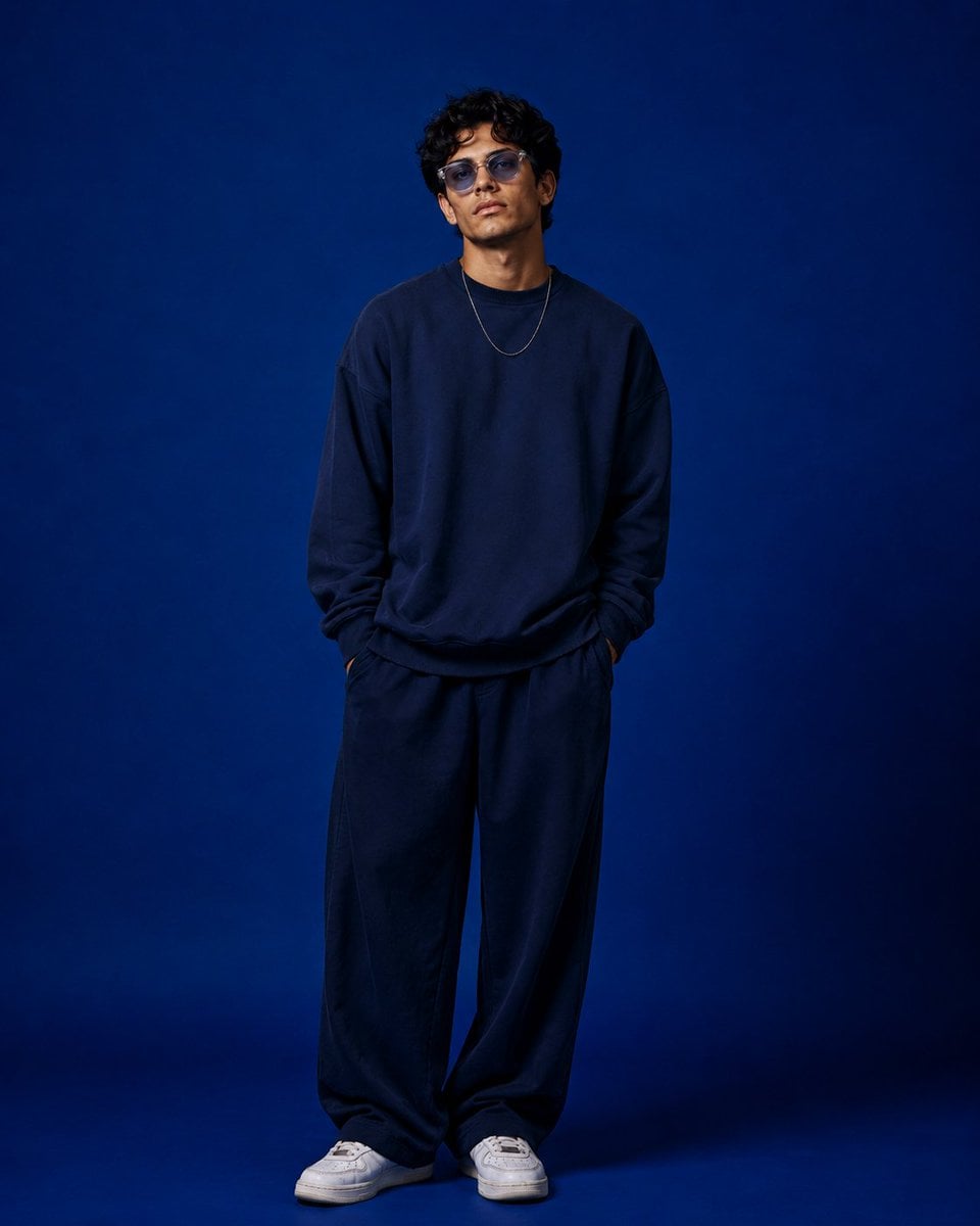 Create a high-end studio fashion portrait inspired by the uploaded blue-backgrou