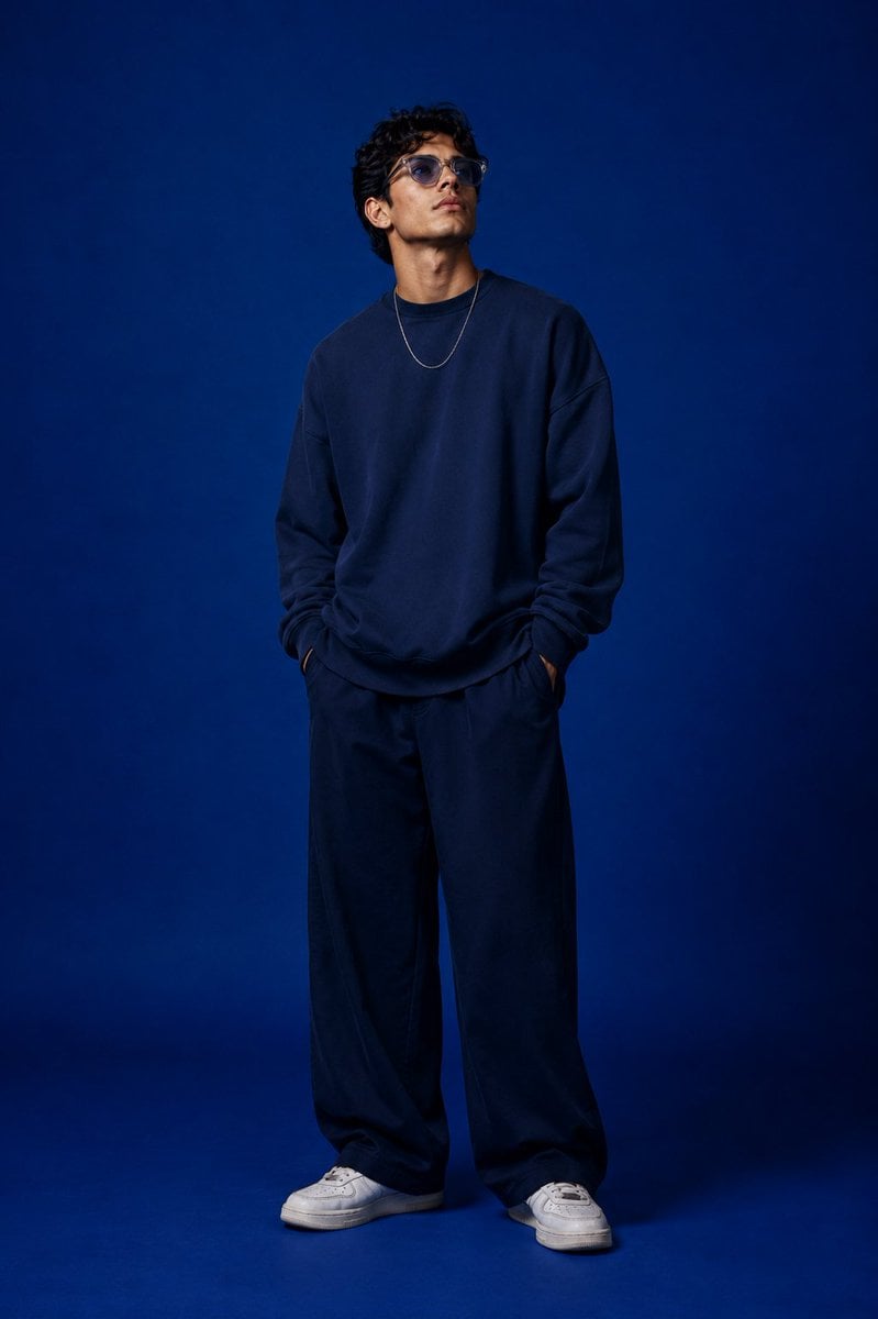 Create a high-end studio fashion portrait inspired by the uploaded blue-backgrou