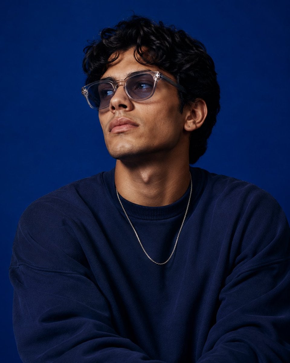 Create a high-end studio fashion portrait inspired by the uploaded blue-backgrou