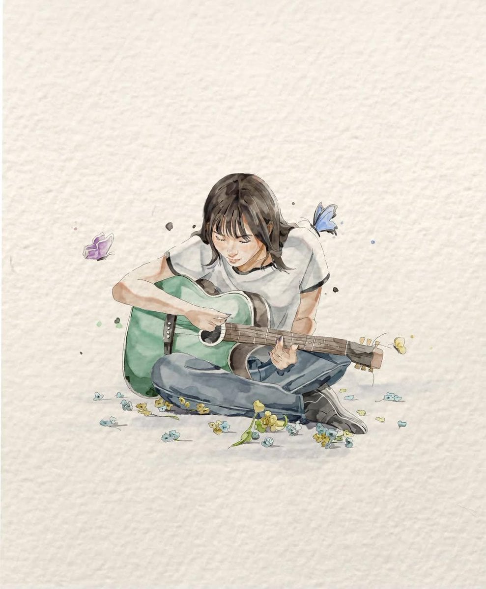 A delicate watercolor fashion illustration on textured off-white handmade paper.