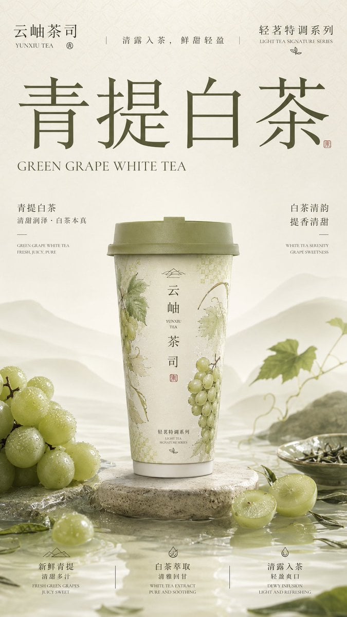 请生成一张竖版 9:16 的高级新中式茶饮品牌包装主视觉海报。每张图片独立生成，不要合并成拼图。

【品牌信息】
品牌名：[品牌名]
英文名：[英文品牌名]
系