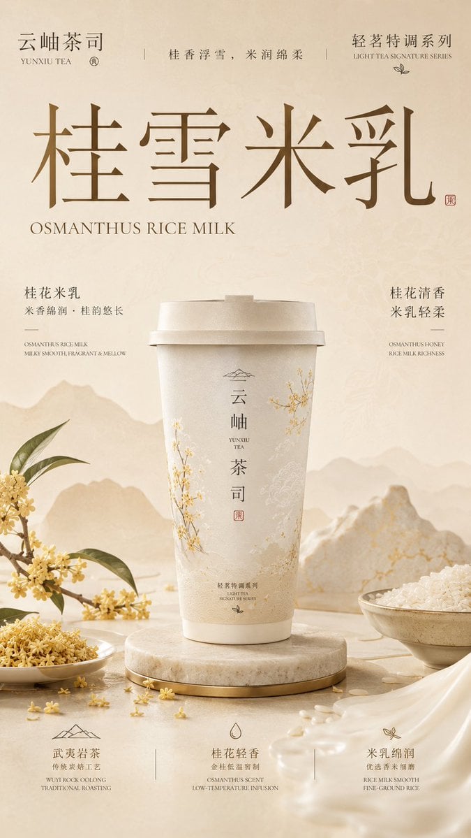 请生成一张竖版 9:16 的高级新中式茶饮品牌包装主视觉海报。每张图片独立生成，不要合并成拼图。

【品牌信息】
品牌名：[品牌名]
英文名：[英文品牌名]
系