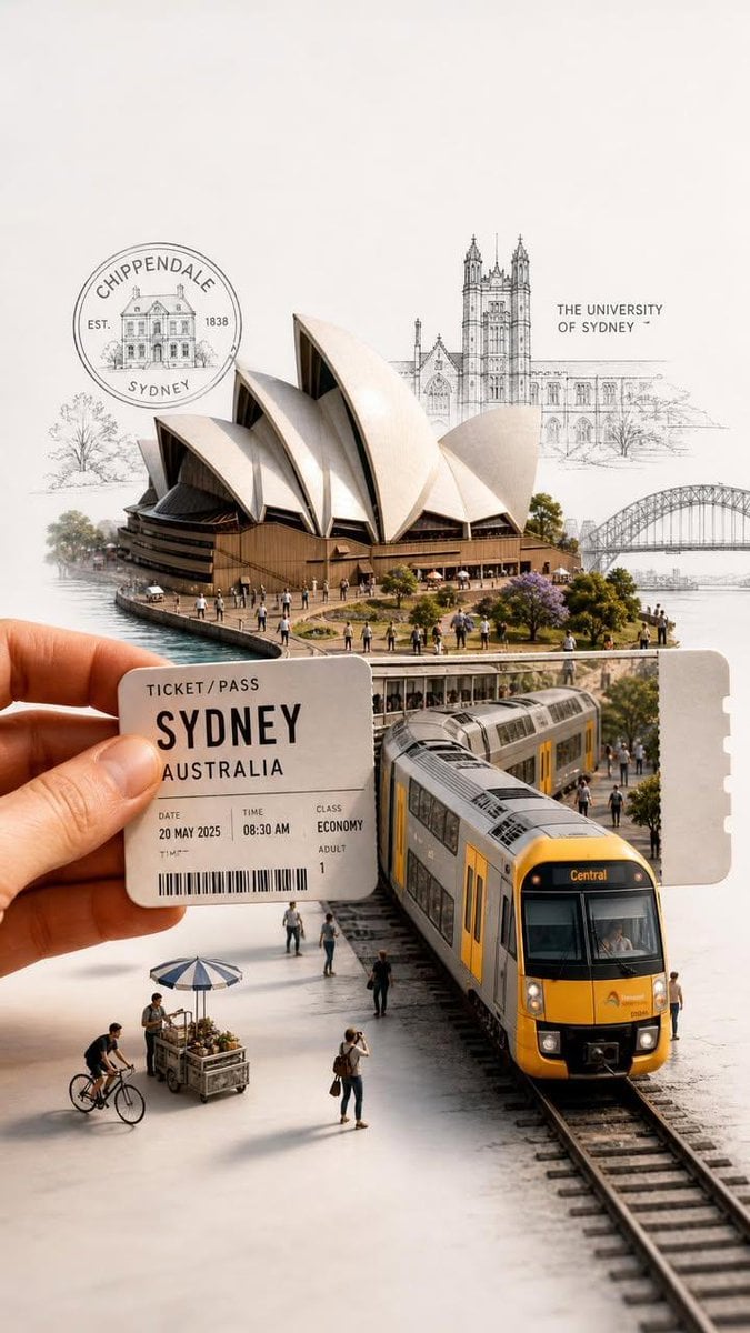 Forced perspective photography, human hand holding vintage travel ticket, miniat