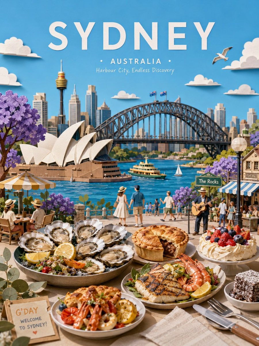 Ultra-detailed 3D paper-cut travel poster illustration of Sydney, Australia, des