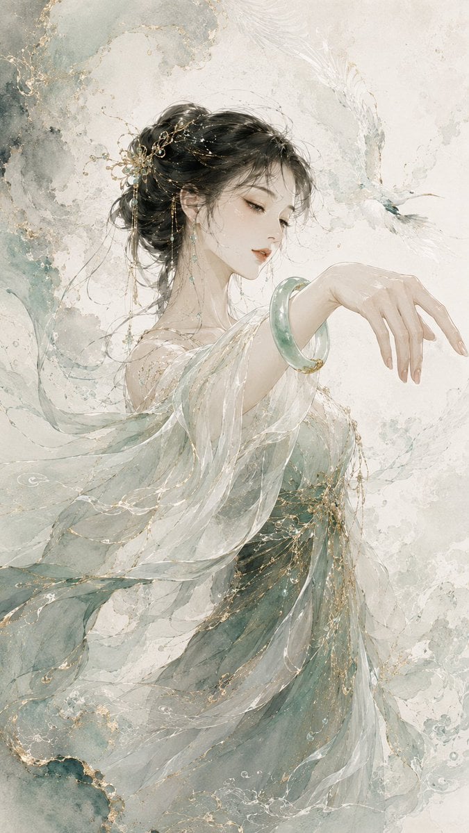 请生成一张 9:16 竖版、原创高级东方珠宝视觉海报。整体风格为东方水墨时装插画，结合高级珠宝 Campaign、轻奢品牌主视觉、细腻金线描绘、水墨留白、宣纸质