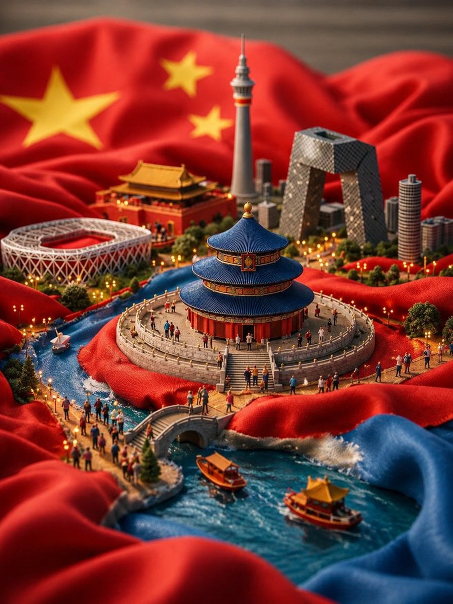Ultra-detailed miniature diorama of China built into the folds of a giant flowin