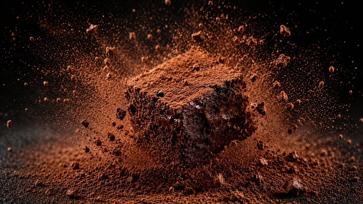 [Food Item] coated in [Powder Sugar Cocoa] being dropped or tapped, causing a cl