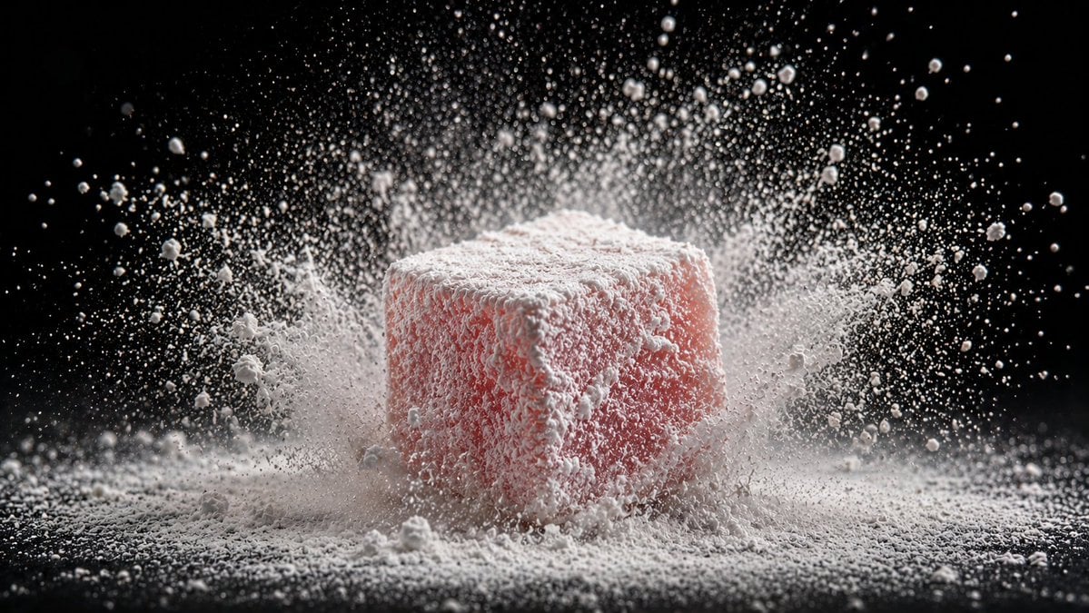 [Food Item] coated in [Powder Sugar Cocoa] being dropped or tapped, causing a cl