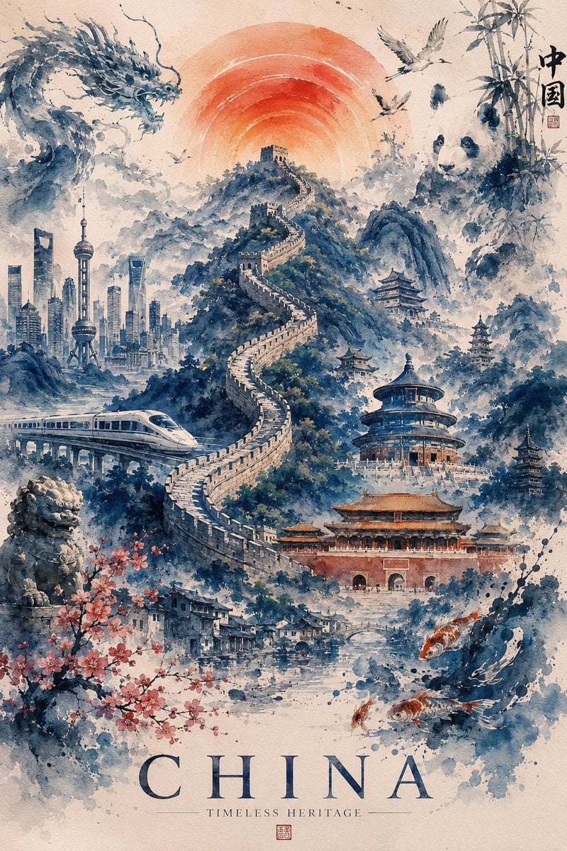 Ultra-detailed watercolor travel poster of Japan, painted in a refined tradition