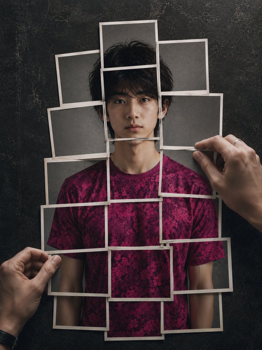 Hyperrealistic 8K photograph of a human figure composed of instant photographic 