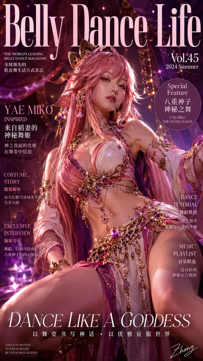 指定角色：芙宁娜《原神》

真人摄影风格的高端肚皮舞主题时尚杂志封面 / 宣传海报。

请基于当前指定角色，自动识别并提取其来源作品、世界观、身份设定、标志性发