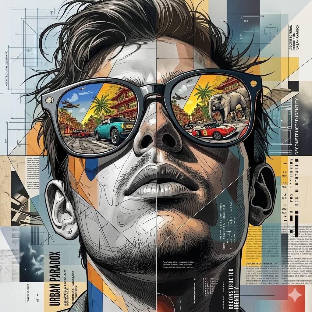 Ultra-detailed futuristic editorial mixed-media portrait blending hyper-realisti