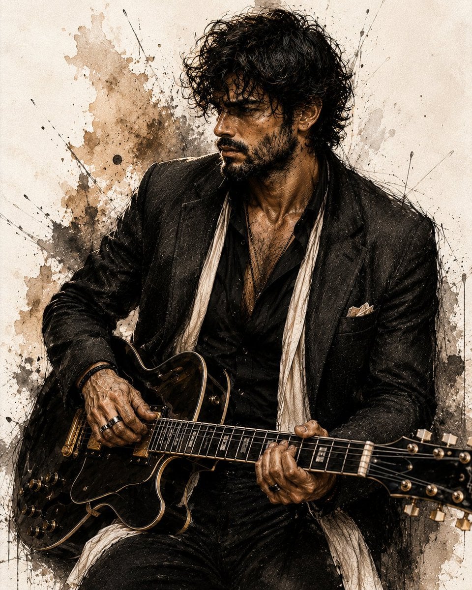 Create a hyper-realistic cinematic portrait of an intense, stylish man with a gu