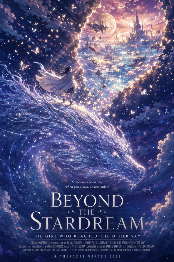 A breathtaking anime fantasy movie poster in portrait format. A young girl in a 