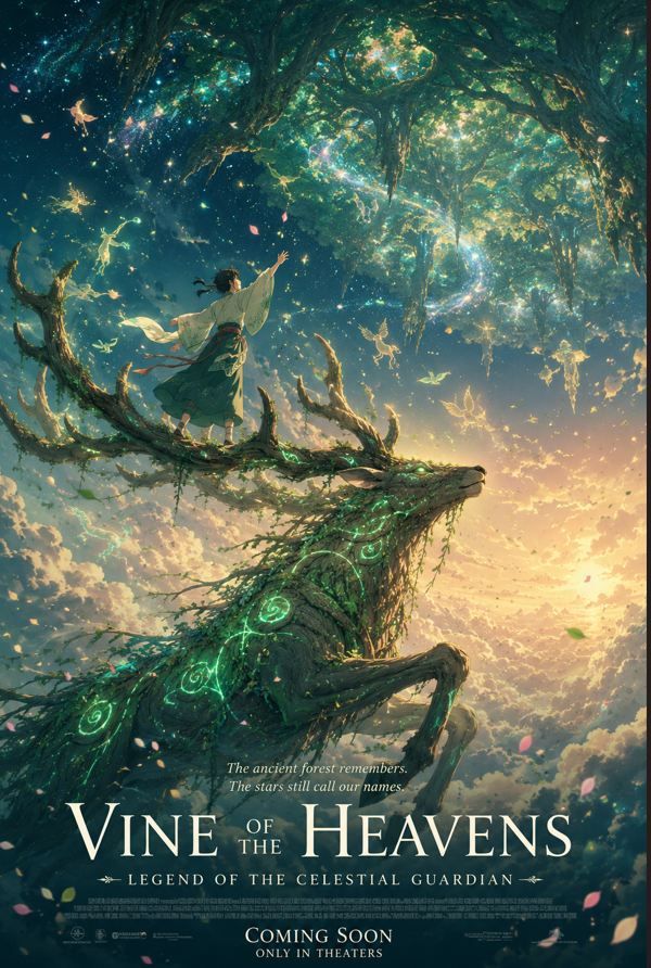 A breathtaking anime fantasy movie poster in portrait format. A young girl in a 