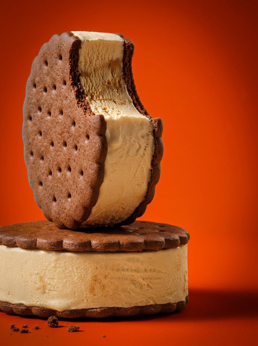"A studio food still-life of two chocolate ice-cream sandwiches stacked: a whole