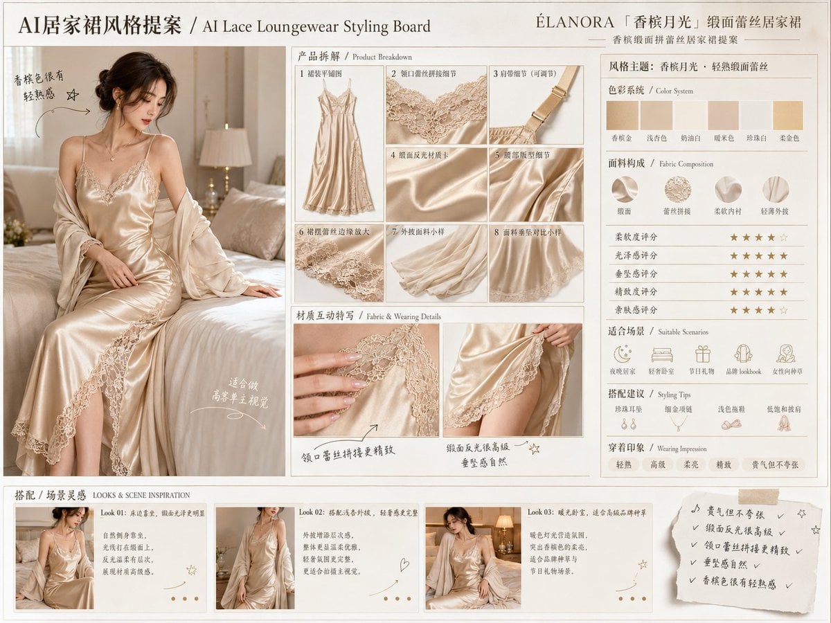 请生成一张横向 4:3、高清写实摄影质感的中文版「AI蕾丝居家裙风格提案」图片。

【本张主题】
[本张主题]

【产品名称】
[产品名称]

【居家裙款式 /