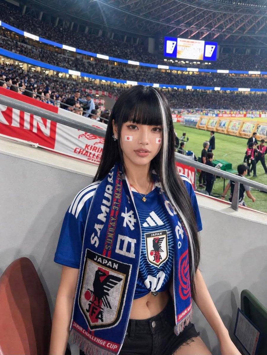 Ultra-realistic portrait of a stylish young woman at a packed football stadium, 