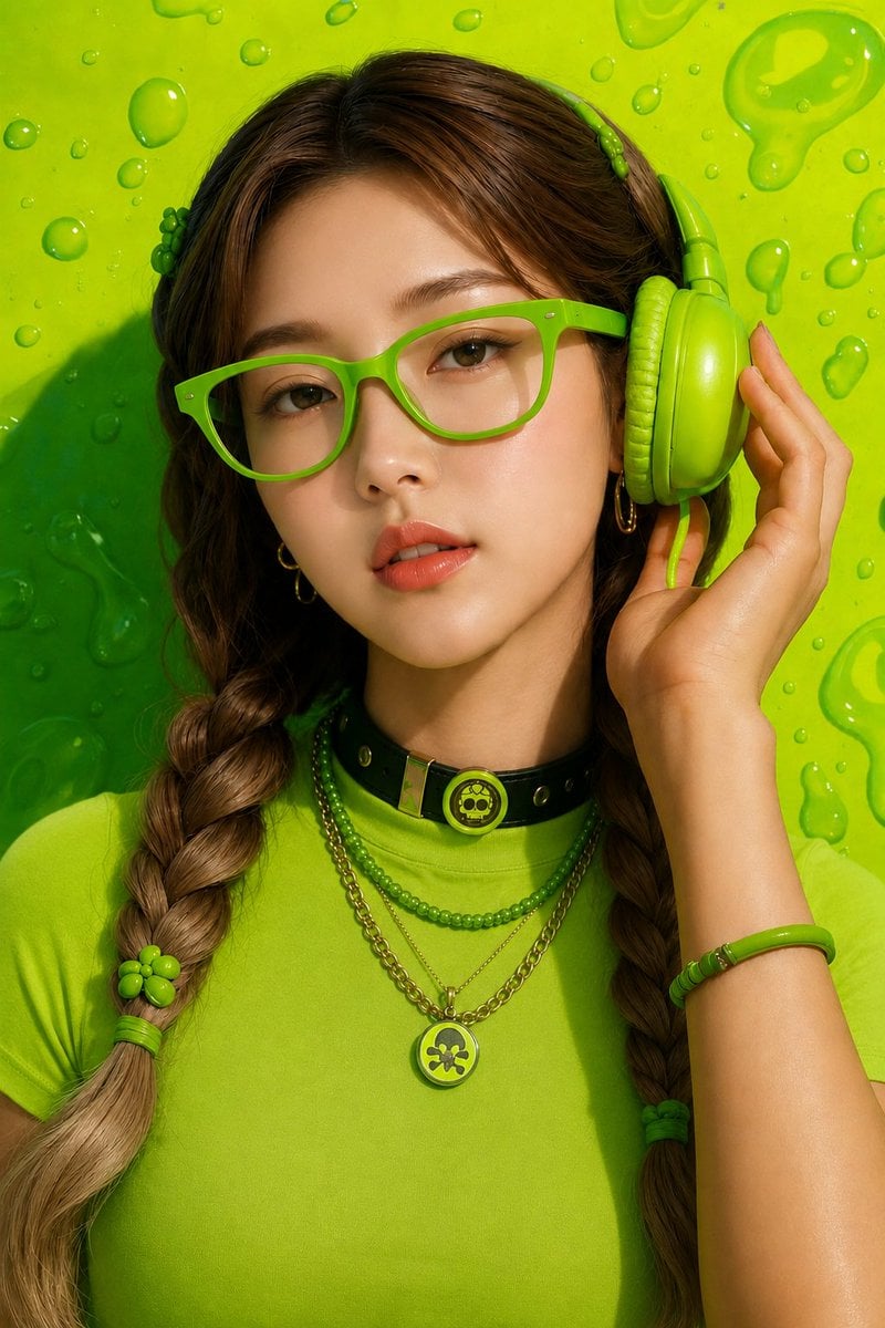 Ultra-realistic close-up fashion portrait of a young woman, centered composition