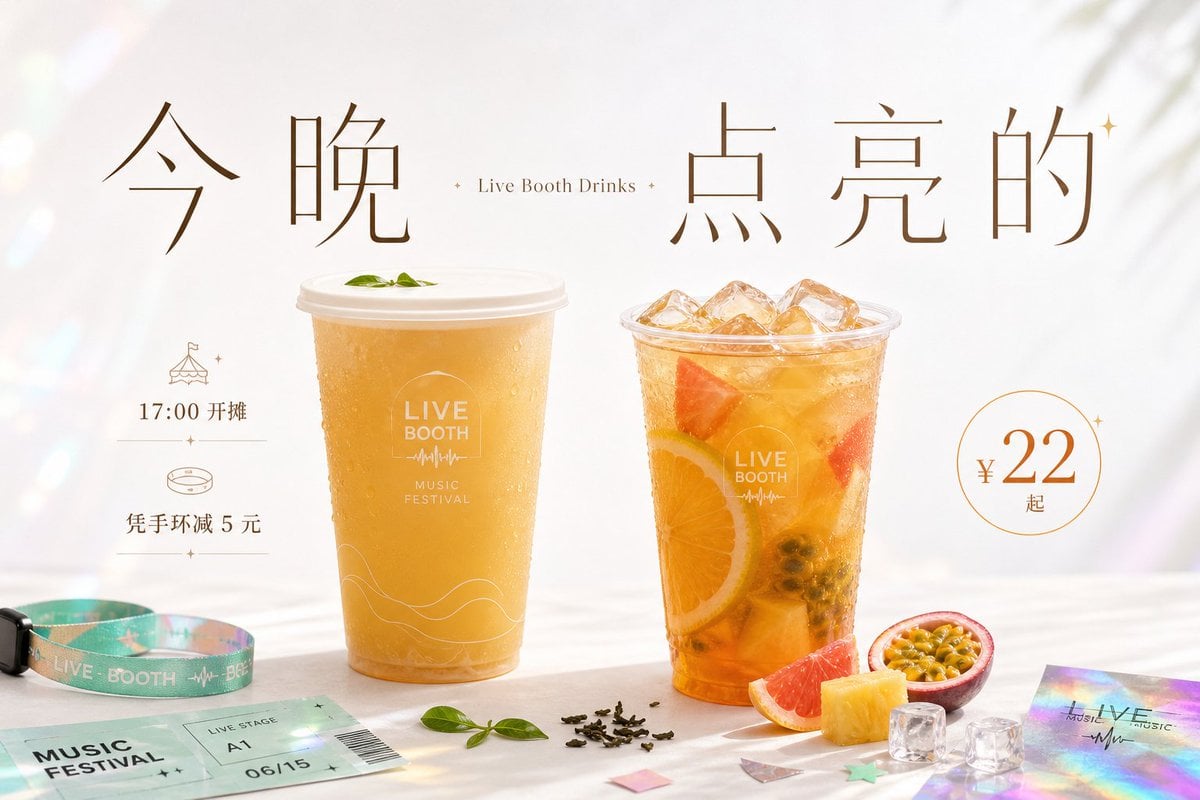 围绕[主题对象]生成一张明亮清透的商业信息视觉：上方保留大面积呼吸空间，中心以极大的中文主题字作为第一视觉，字距疏朗、笔画克制，少量外文或副标嵌入主标题之间形成