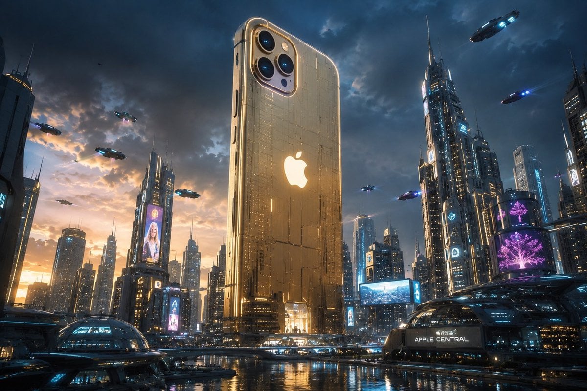 A futuristic city dominated by an enormous Apple iPhone standing as a skyscraper