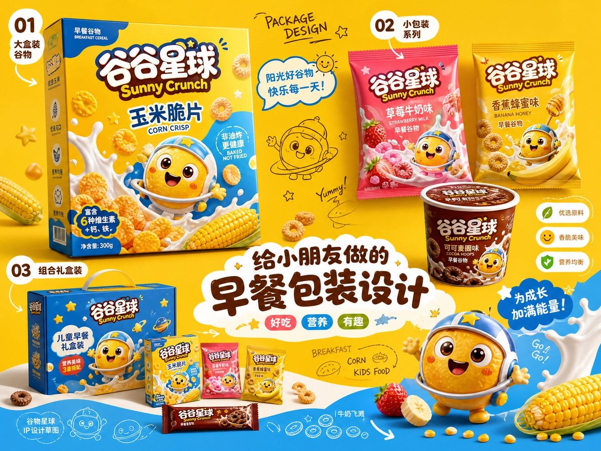 请生成一张横向4:3高清「品牌包装设计提案速览」。

【主题】：[产品主题]
【品牌名】：[品牌名]
【系列名称】：[系列名称]
【产品内容】：[主产品 + 3