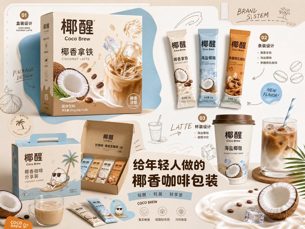 请生成一张横向4:3高清「品牌包装设计提案速览」。

【主题】：[产品主题]
【品牌名】：[品牌名]
【系列名称】：[系列名称]
【产品内容】：[主产品 + 3