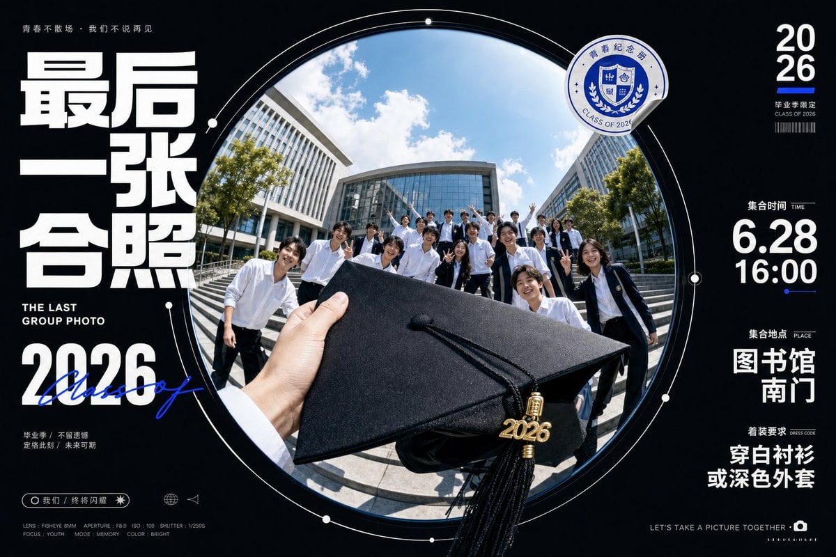 围绕任意主题对象生成一张强设计感视觉：画面由深色安静的信息外场托住中央巨大的圆形鱼眼视窗，视窗像被镜面或广角镜头撑开，主题核心内容在圆内被近距离拉伸，前景元素向