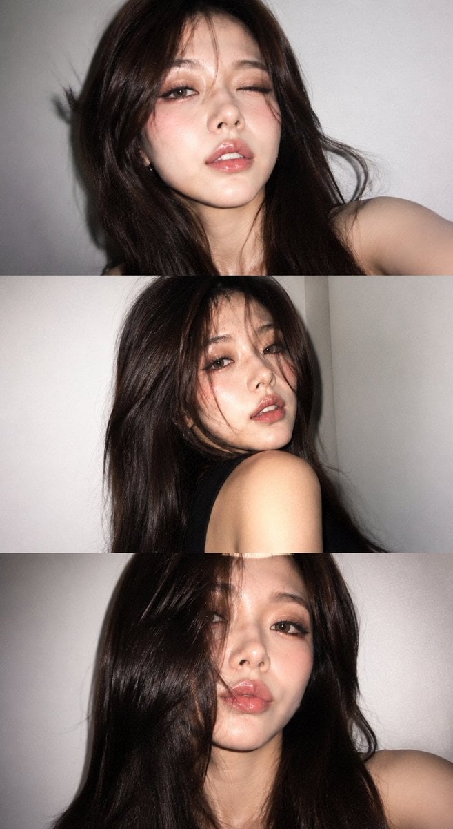A vertical collage of three YZK photos. Using the uploaded selfie as the ONLY an