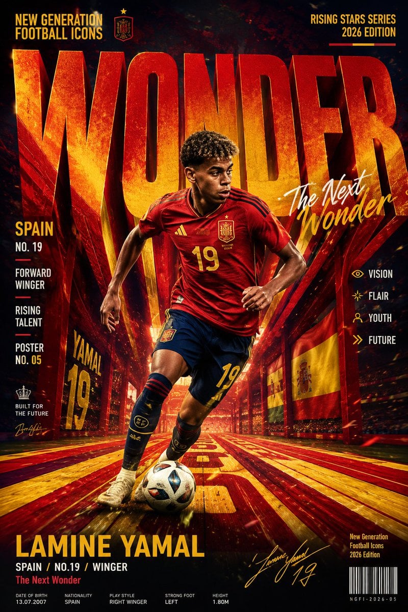 Create a vertical 9:16 high-resolution football star campaign poster.

Player: [