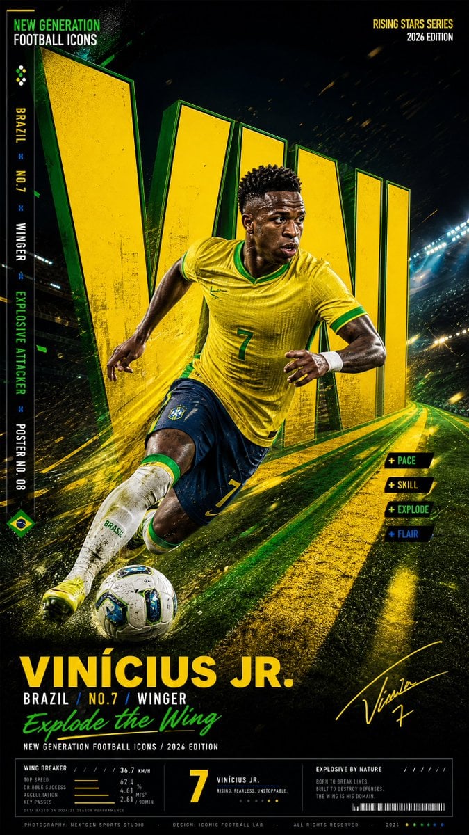 Create a vertical 9:16 high-resolution football star campaign poster.

Player: [