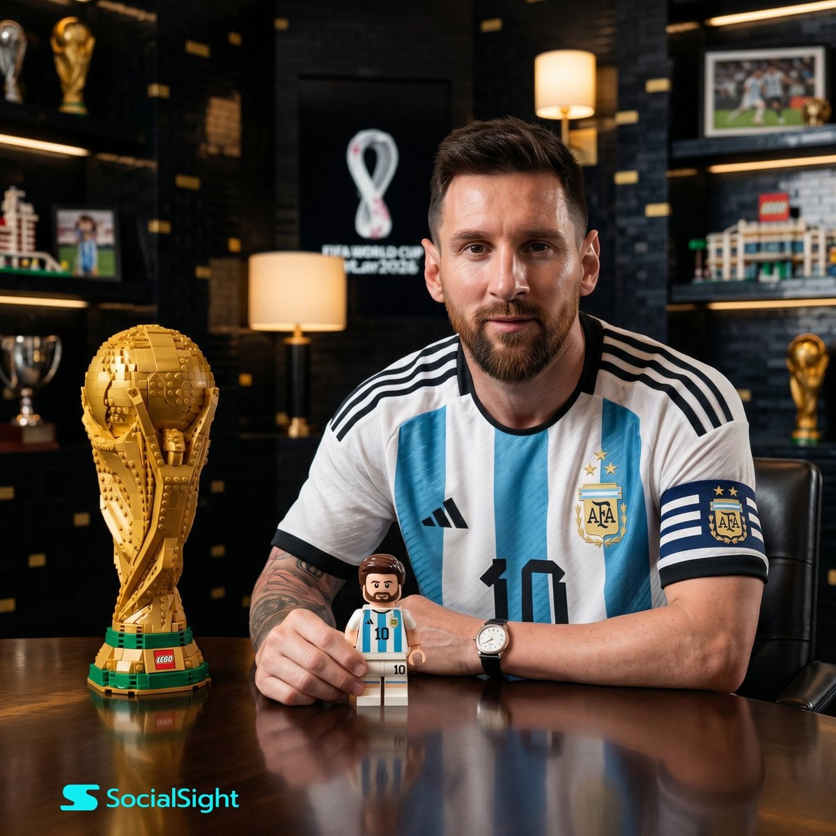 A cinematic portrait of Lionel Messi (using a reference photo, faithfully preser