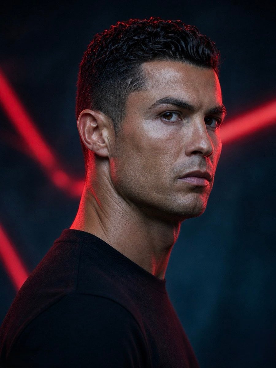Ultra-realistic cinematic studio portrait, upper-body close-up, subject looking 