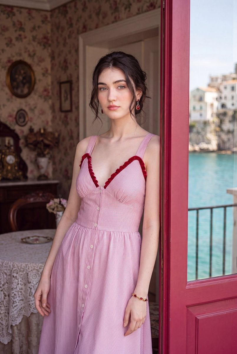 Photorealistic romantic European travel editorial portrait of a beautiful young 