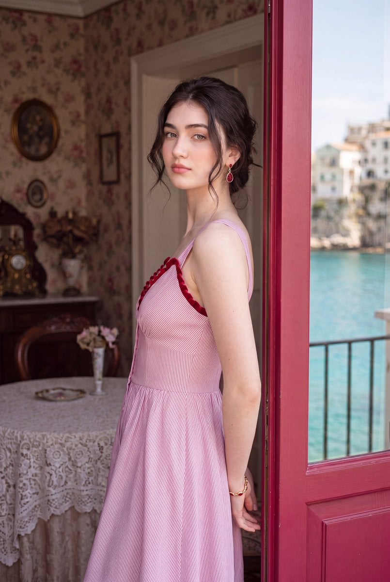 Photorealistic romantic European travel editorial portrait of a beautiful young 
