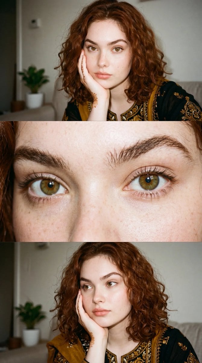 Ultra-realistic candid flash photography, 35mm film aesthetic, three-panel verti
